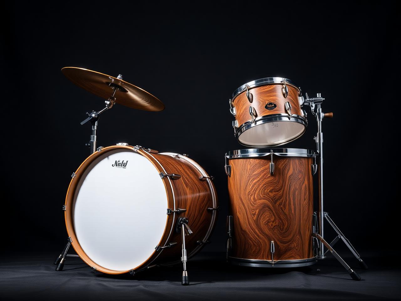 Modern high-end drum kit with deep figured exotic wood veneer lacquer finish and heavy chrome lugs