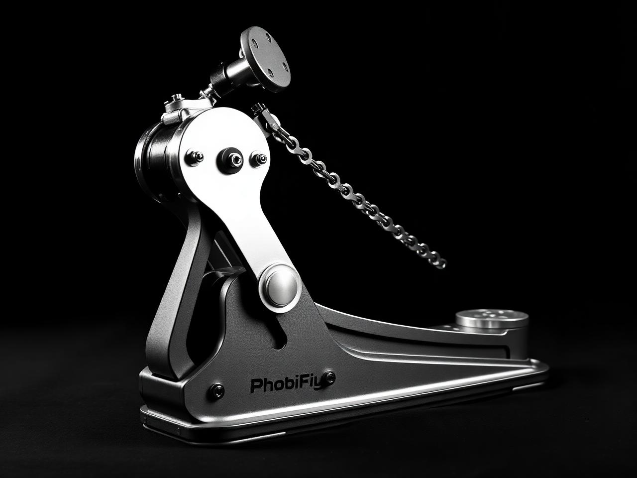 Heavy chain-drive bass drum pedal in chrome and black metal photographed against a black backdrop