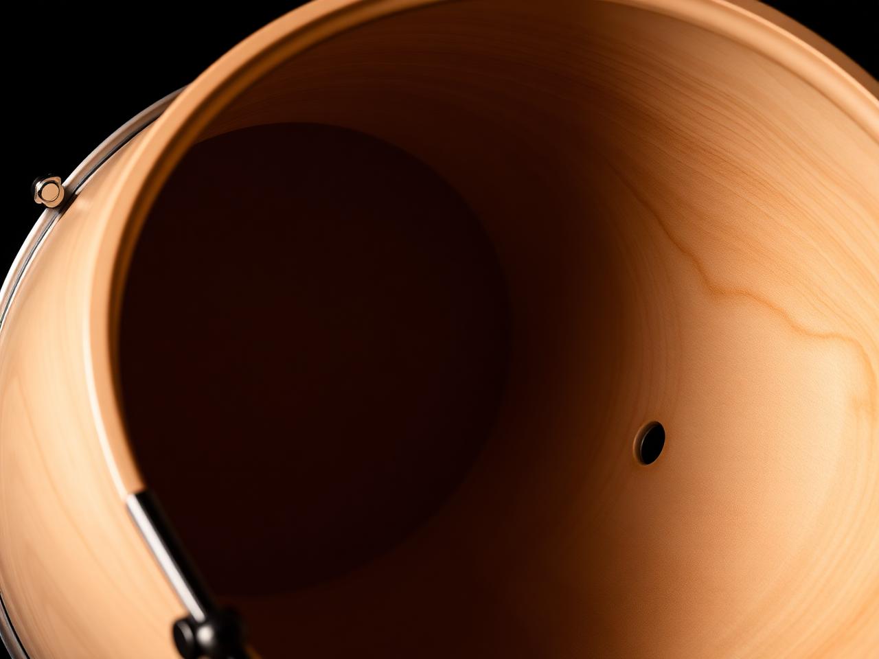 Macro view inside a maple drum shell showing clean laminated ply grain and a vent hole