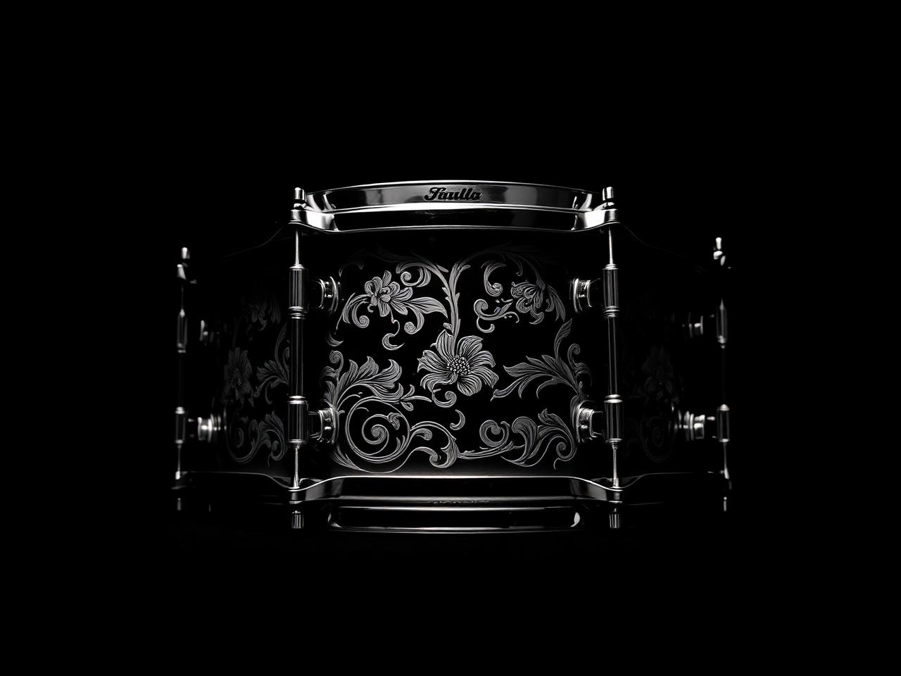 Close-up of an ornately engraved dark nickel-over-brass snare drum shell with floral scroll engraving