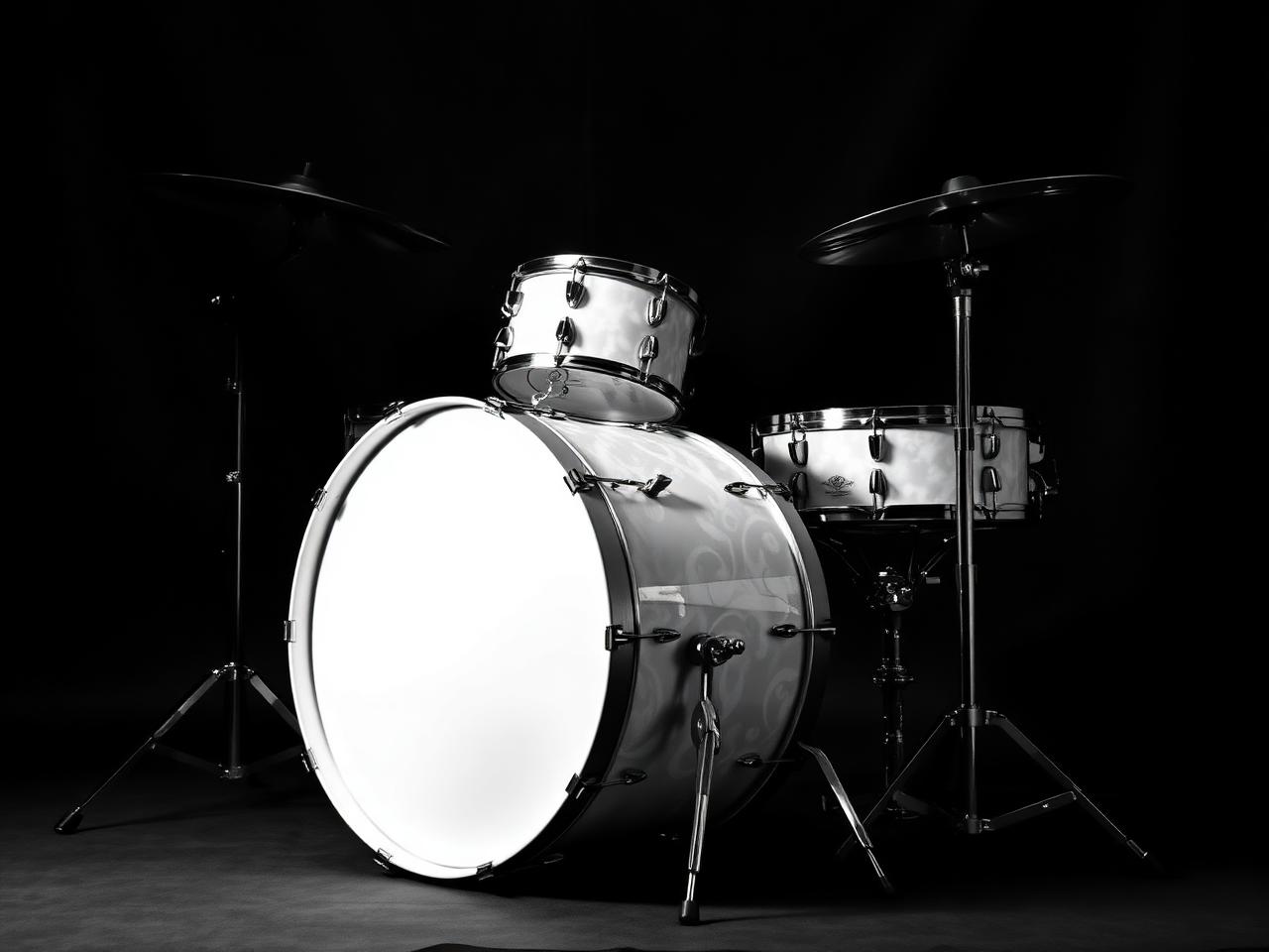 1930s swing era drum kit in white marine pearl with a large bass drum and single mounted tom