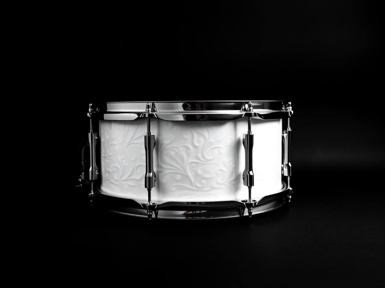 1930s style snare drum with white marine pearl wrap and streamlined chrome lugs on a black backdrop