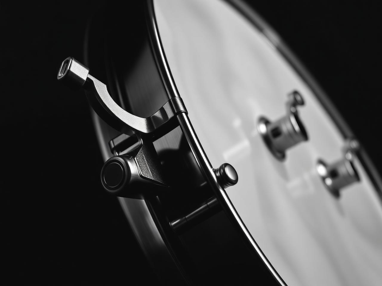 Macro close-up of a snare drum throw-off lever and chrome lugs against a black background
