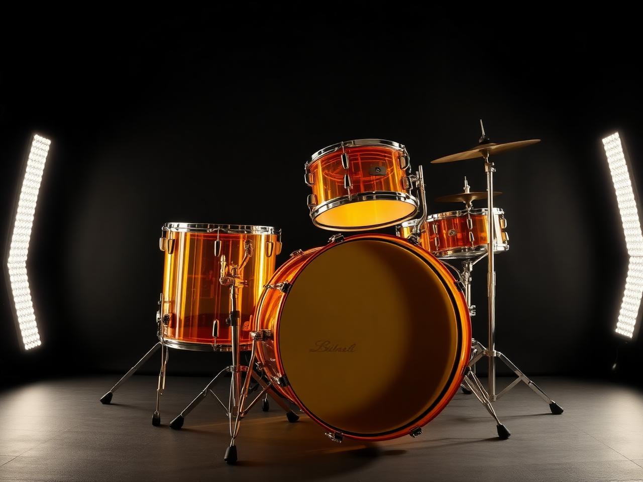 1970s transparent amber acrylic drum kit with an oversized bass drum, lit from behind on a dark stage