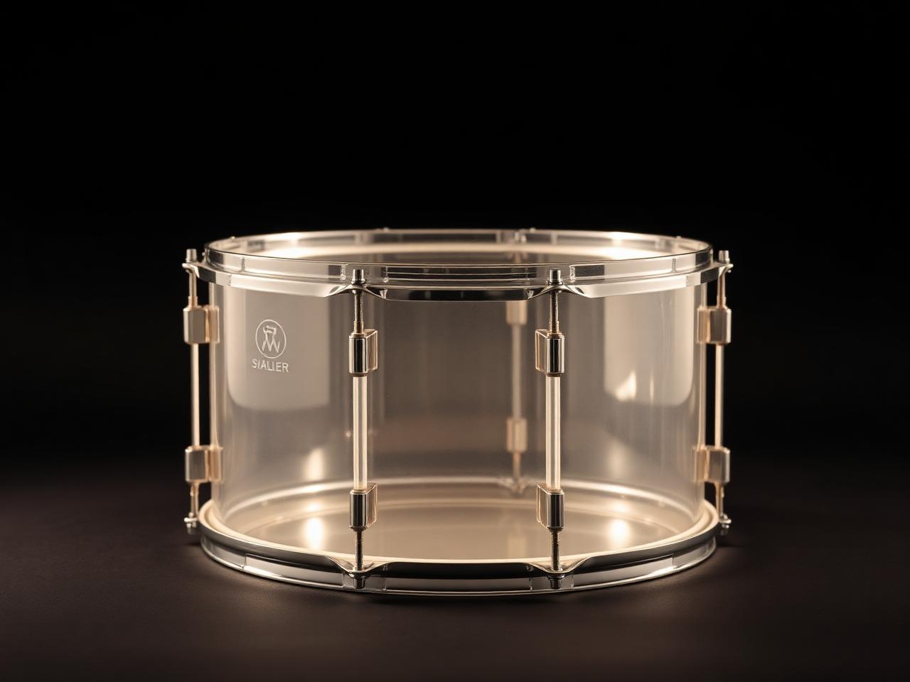 Single clear transparent acrylic drum with chrome lugs and hoops on a dark backdrop