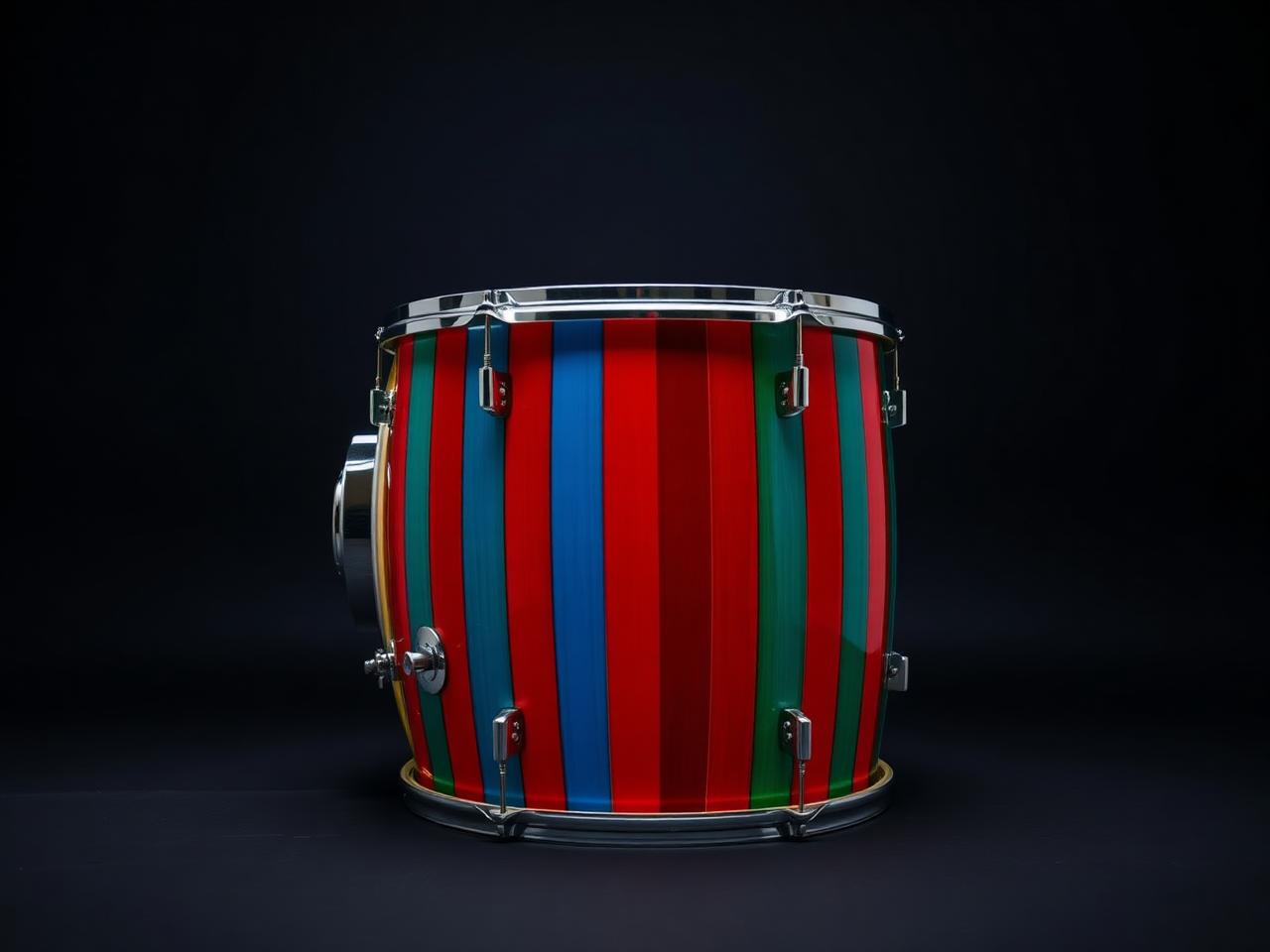 Acrylic drum shell with vertical red, blue and green transparent stripes and chrome hardware